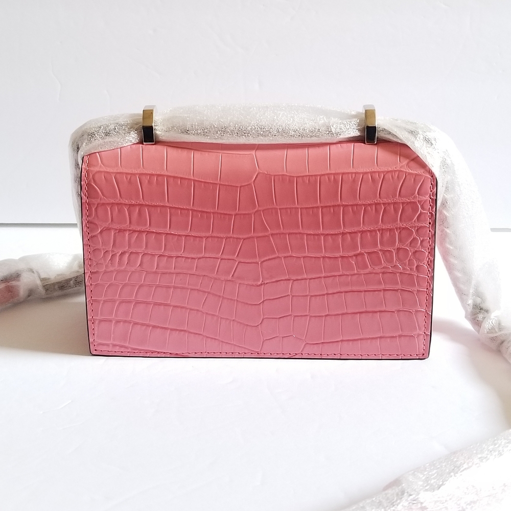 Alexander McQueen Four Ring Croc-Embossed Leather Crossbody Bag Pink - Picture 3 of 10